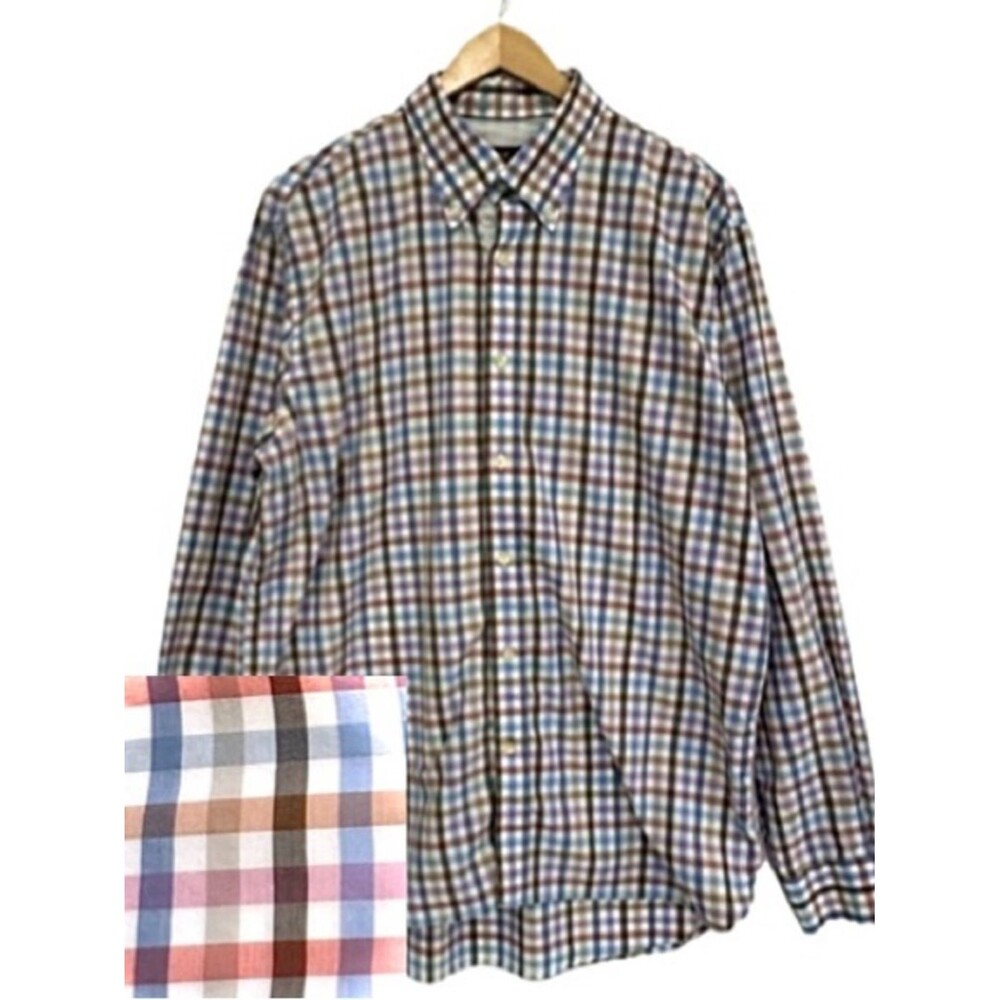 Hickey Freeman Mens Plaid Check Long Sleeve Button Down Dress Shirt Size Large